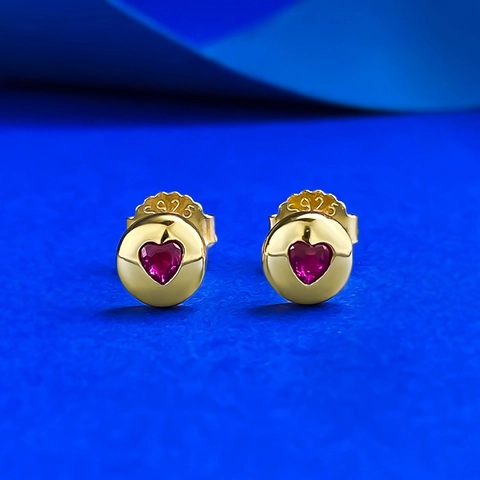 925 Sterling Silver Red Heart Stud Earrings For Women Gold Plated Rhinestone Inlaid Heart Shaped Fine Jewelry Gift
