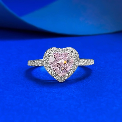 Luxury 925 Sterling Silver Heart Shaped Pink Rhinestone Inlaid Ring Romantic Fashion Jewelry For Women Wedding Engagement Ring