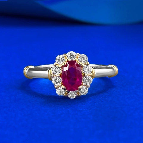 Bague Ovale en Argent Sterling 925 Vintage Forme de Fleur Strass Rouge Bicolore Luxe Électroplaqué Bijoux pour Femmes