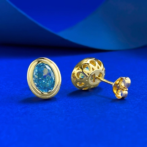 Luxury 925 Sterling Silver Gold Plated Oval Blue Rhinestone Stud Earrings For Women Elegant Geometric Ice Flower Cut Gemstone Jewelry