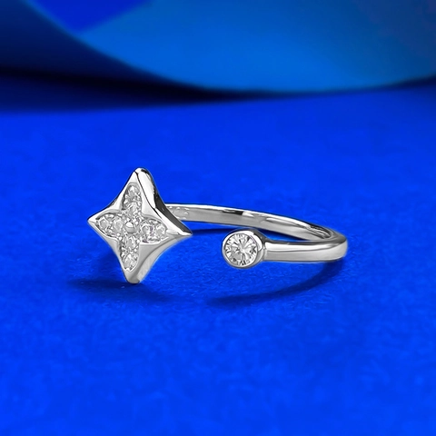 Elegant 925 Sterling Silver Clover Star Open Ring For Women Adjustable Rhinestone Inlaid Geometric Fashion Jewelry Gift