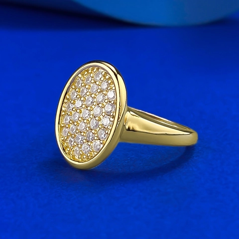 Vintage 925 Sterling Silver Gilded Oval Pave Rhinestone Ring Luxury Geometric Gold Jewelry For Women Banquet Gift