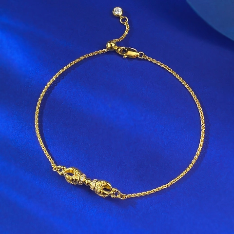925 Sterling Silver Gold Plated Vajra Bracelet For Women Men Vintage Ethnic Religious Adjustable Rhinestone Inlaid Jewelry