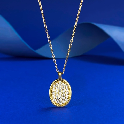 Collana Con Pendente Ovale in Argento Sterling 925 Placcato Oro Con Zirconia Intarsiata Gioielli di Lusso Vintage Donna