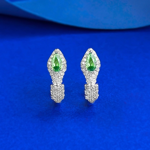 Orecchini a Cerchio in Argento Sterling 925 Serpente Lusso Zirconia Verde Taglio a Pera Strass Intarsiato Gioielli Donna Regalo