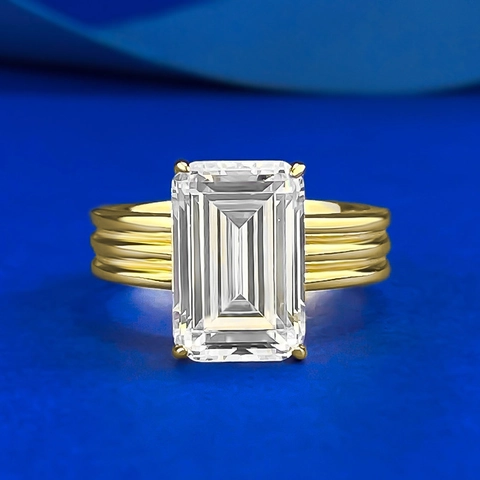 Luxury 925 Sterling Silver Gold Plated Emerald Cut Rhinestone Ring Triple Layer Band Rectangular Transparent Gemstone Ring