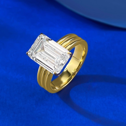 Luxury 925 Sterling Silver Gold Plated Emerald Cut Rhinestone Ring Triple Layer Band Rectangular Transparent Gemstone Ring