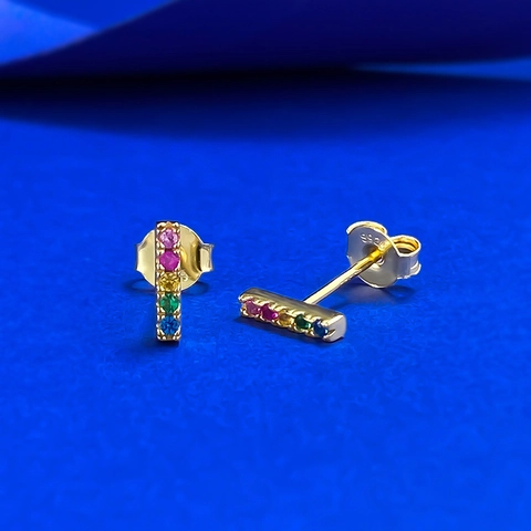 Pendientes de Botón de Diamantes de Imitación de Arcoíris Con Poste de Plata de Ley 925 Pendientes de Barra Geométrica Chapados en Oro Joyería Mujer