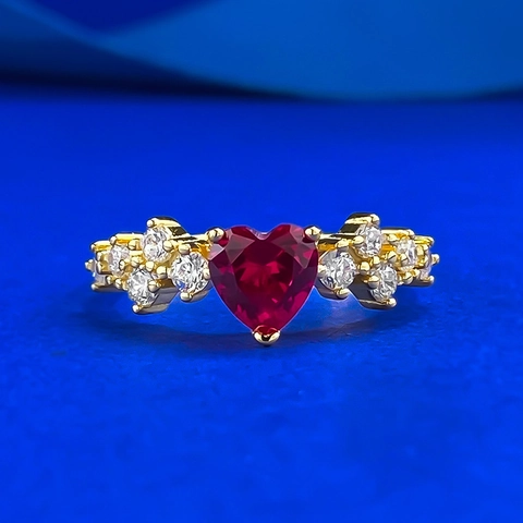 Luxury 925 Sterling Silver Heart Ring Red Rhinestone Golden Women Jewelry Ring For Anniversary Party Engagement Jewelry Gift