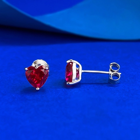 Orecchini a Bottone a Cuore in Argento Sterling 925 per Donna Intarsio in Strass Rosso Minimalista Dolce Gioielli Regalo