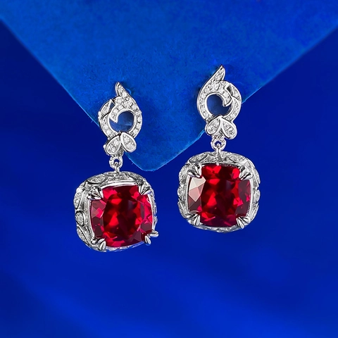 Vintage S925 Sterlingsilber Rote Strass Ohrstecker Für Damen Luxuriöse Geometrische Kissen Schliff Eingelegte Ohrringe Schmuck
