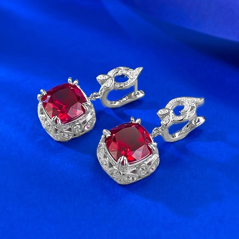 Vintage S925 Sterlingsilber Rote Strass Ohrstecker Für Damen Luxuriöse Geometrische Kissen Schliff Eingelegte Ohrringe Schmuck