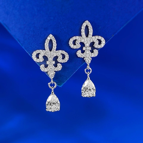 925 Sterling Silver Fleur-De-Lis Stud Earrings For Women Elegant Full Rhinestone Pear Cut Water Drop Dangle Earrings Vintage Palace Jewelry