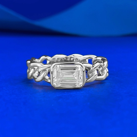 Δαχτυλίδι Ασήμι 925 Με Ζιρκόνια Emerald Cut Κομψό Σχέδιο Κουβανέζικης Αλυσίδας Κοσμήματα για Γυναίκες Δώρο Πάρτι