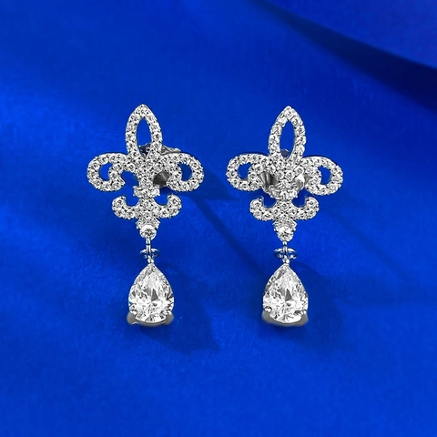925 Sterling Silver Fleur-De-Lis Stud Earrings For Women Elegant Full Rhinestone Pear Cut Water Drop Dangle Earrings Vintage Palace Jewelry