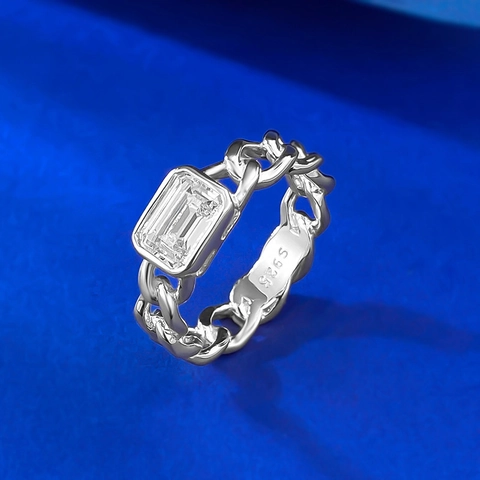 Δαχτυλίδι Ασήμι 925 Με Ζιρκόνια Emerald Cut Κομψό Σχέδιο Κουβανέζικης Αλυσίδας Κοσμήματα για Γυναίκες Δώρο Πάρτι