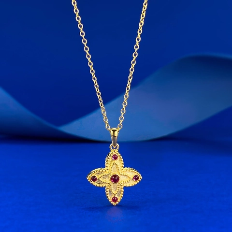 Vintage S925 Sterling Silver Four Leaf Clover Pendant Necklace For Women Chinese Style Gold Plated Red Rhinestone Jewelry