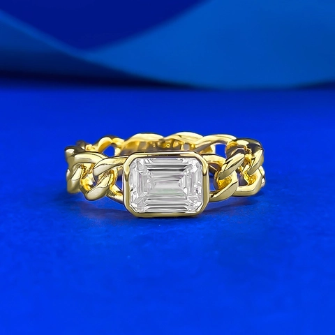 Anello in Argento Sterling 925 con Zirconia Placcato Oro Zircone Rettangolare Catena Cubana Vuoto Gioielli di Moda per Donna