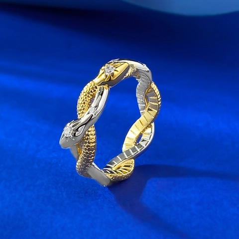 Anello Avvolgente Doppia Serpente in Argento Sterling S925 Bicolore Strass Texture Pelle di Serpente Anello Vintage di Design Donna Uomo