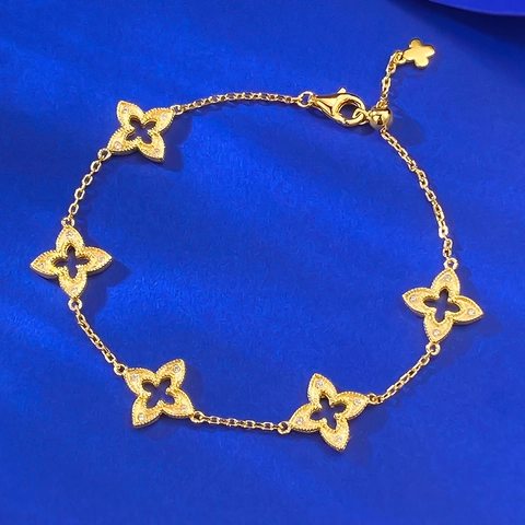 Bracciale Quadrifoglio Cavo in Argento Sterling 925 Placcato Oro Con Strass Intarsiati Catena Regolabile Gioielli Donna