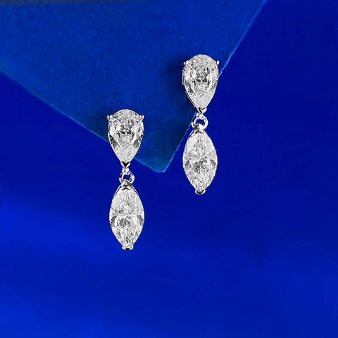 925 Sterling Silver Stud Earrings For Women White Rhinestone Water Drop Marquise Double Stone Inlaid Elegant Fashion Jewelry Gift