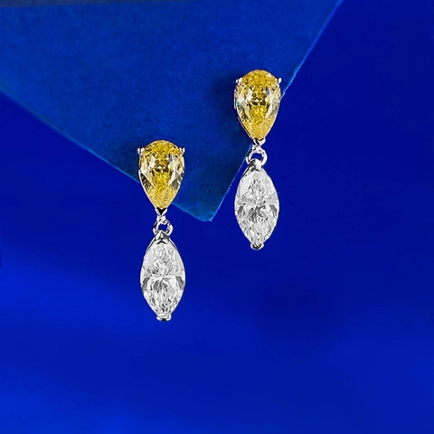 Boucles d'Oreilles Clous Pendantes en Argent Sterling S925 Avec Zirconia pour Femme Contraste Jaune Blanc Coupe Poire Marquise Bijoux Élégants