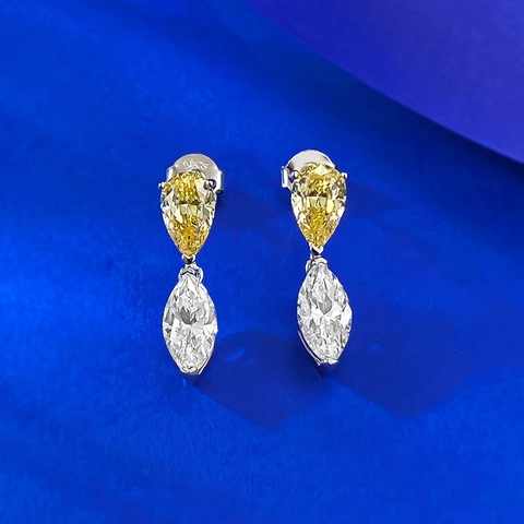 Boucles d'Oreilles Clous Pendantes en Argent Sterling S925 Avec Zirconia pour Femme Contraste Jaune Blanc Coupe Poire Marquise Bijoux Élégants