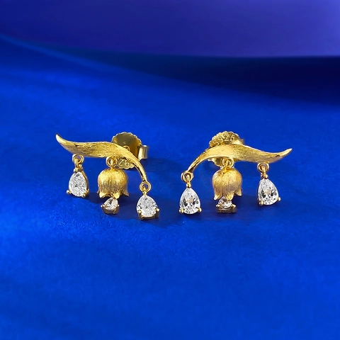 Pendientes de Botón de Plata de Ley 925 Lirio de los Valles Oro Cepillado Flor Borla Diamantes de Imitación Pendientes para Mujer Joyería Elegante