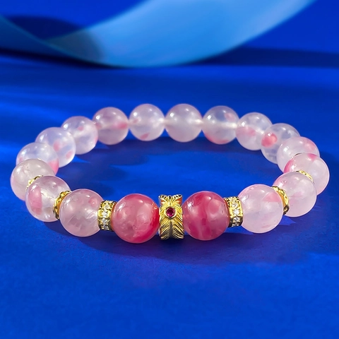 S925 Sterling Silver Rose Quartz Beaded Bracelet For Women Pink Crystal Feather Pendant Rhinestone Sweet Fashion Jewelry