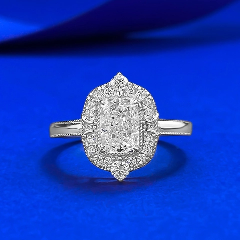 Luxury 925 Sterling Silver Halo Ring For Women Rectangular Cushion Cut White Rhinestone Vintage Engagement Wedding Band Jewelry