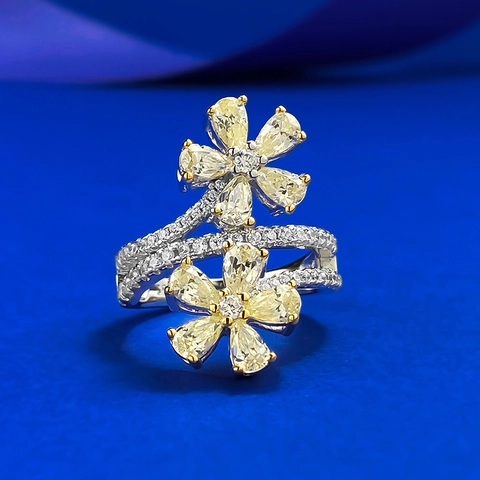 925 Sterling Zilver Dubbele Bloem Ring Lichtgeel Wit Strass Ingelegde Open Ring Voor Vrouwen Feest Mode Sieraden