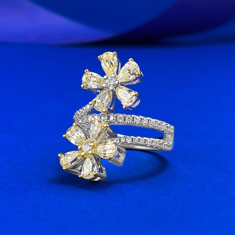 925 Sterling Zilver Dubbele Bloem Ring Lichtgeel Wit Strass Ingelegde Open Ring Voor Vrouwen Feest Mode Sieraden