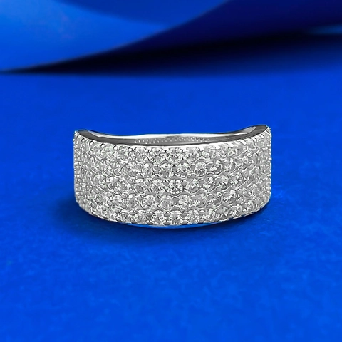 925 Sterling Silver Wide Band Ring For Women Men Full Multi Row White Rhinestone Pavé Setting Fashion Unisex Jewelry