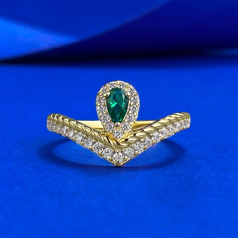 Anello a V in Argento Sterling 925 Con Pietra Verde a Forma di Pera Placcato Oro Con Strass e Bordo Perlato per Donna