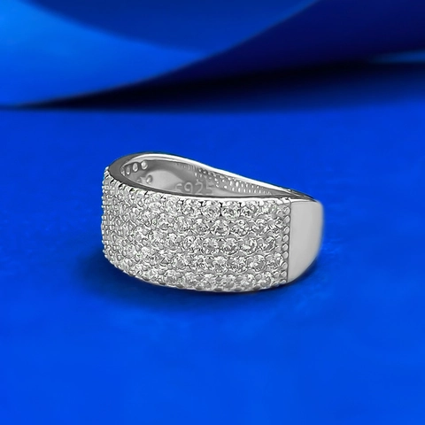 925 Sterling Silver Wide Band Ring For Women Men Full Multi Row White Rhinestone Pavé Setting Fashion Unisex Jewelry