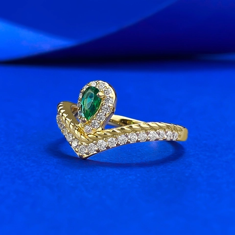 Anello a V in Argento Sterling 925 Con Pietra Verde a Forma di Pera Placcato Oro Con Strass e Bordo Perlato per Donna