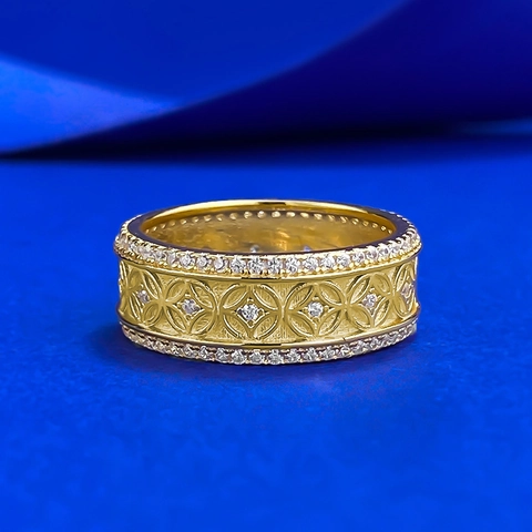Vintage 925 Sterling Silver Gold Plated Ancient Coin Ring Retro Hollow Rhinestone Inlaid Band Ring For Women Exquisite Jewelry
