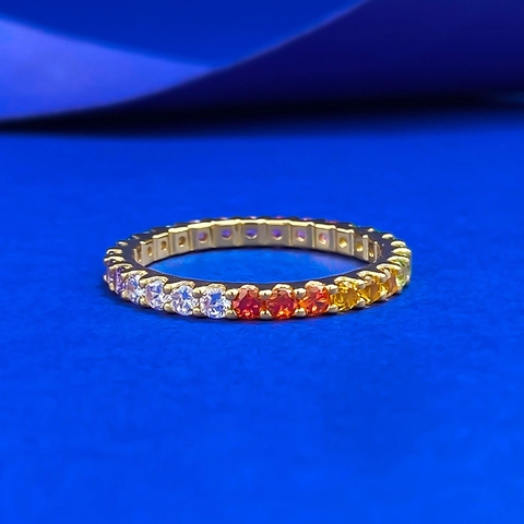 925 Sterling Silver Rainbow Eternity Ring For Women Multicolor Rhinestone Full Circle Inlaid Gold Plated Bohemian Band Jewelry