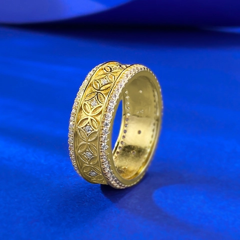 Vintage 925 Sterling Silver Gold Plated Ancient Coin Ring Retro Hollow Rhinestone Inlaid Band Ring For Women Exquisite Jewelry