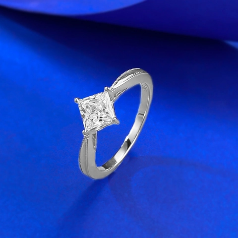 Anello Solitario Quadrato in Argento Sterling 925 Taglio Princess Per Donna Vintage Milgrain Anello da Dito per Matrimonio