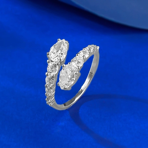 S925 Sterling Silver Snake Bypass Open Ring For Women Luxury Rhinestone Inlaid Water Drop Pear Shaped Adjustable Ring Jewelry