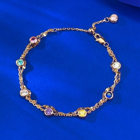 925 Sterling Silver Double Layer Rainbow Rhinestone Bracelet For Women Adjustable Champagne Gold Multi-Color Gemstone Bracelet Jewelry