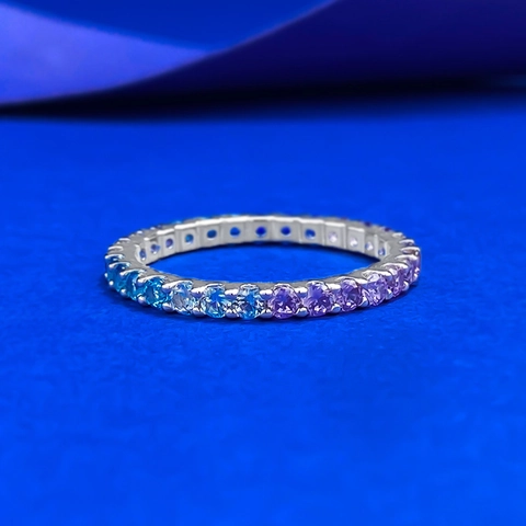S925 Sterling Zilver Blauw Lavendel Verloop Eternity Ring Voor Vrouwen Boheemse Stijl Strass Pave Band Ring Sieraden Cadeau