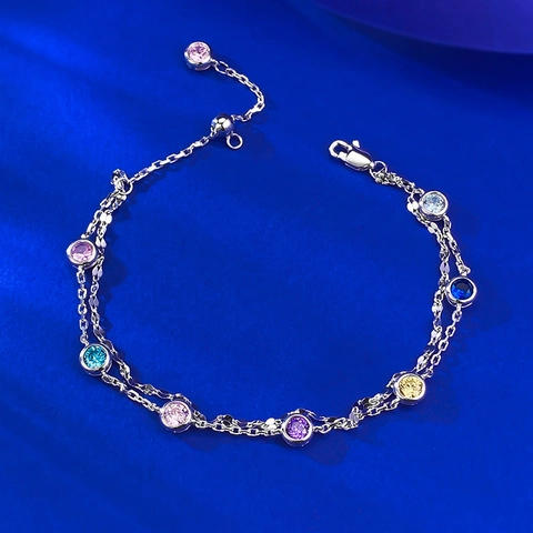 S925 Sterling Silver Double Layer Rainbow Rhinestone Bracelet Adjustable Platinum Plated Multi Colored Stone Chain Bracelet