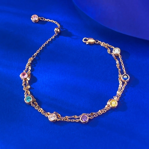 925 Sterling Silver Double Layer Rainbow Rhinestone Bracelet For Women Adjustable Champagne Gold Multi-Color Gemstone Bracelet Jewelry