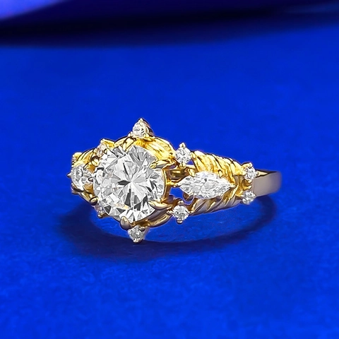 Vintage 925 Sterling Silver Gold Plated Ring For Women Round White Rhinestone Marquise Side Stones Twisted Band Jewelry