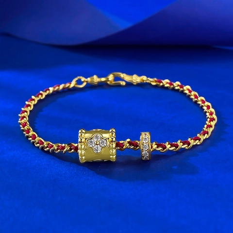 925 Sterling Silver Red Braided Rope Bracelet For Women Gold Plated Lucky Clover Transfer Bead Inlaid Rhinestone Jewelry Gift