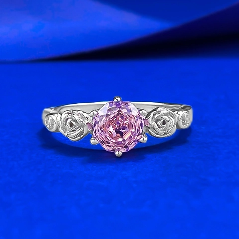 Luxury 925 Sterling Silver Pink Padparadscha Rhinestone Ring For Women Romantic Rose Flower Wedding Engagement Anniversary Ring
