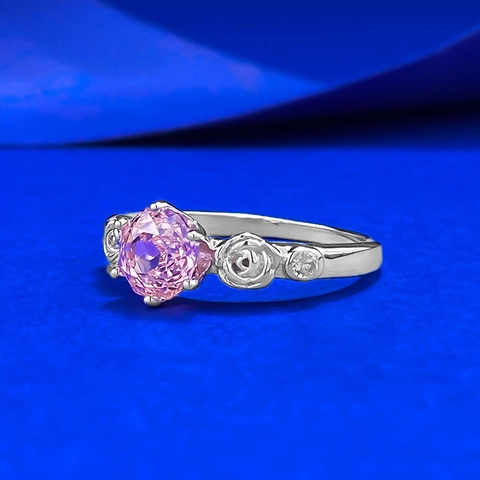 Luxury 925 Sterling Silver Pink Padparadscha Rhinestone Ring For Women Romantic Rose Flower Wedding Engagement Anniversary Ring