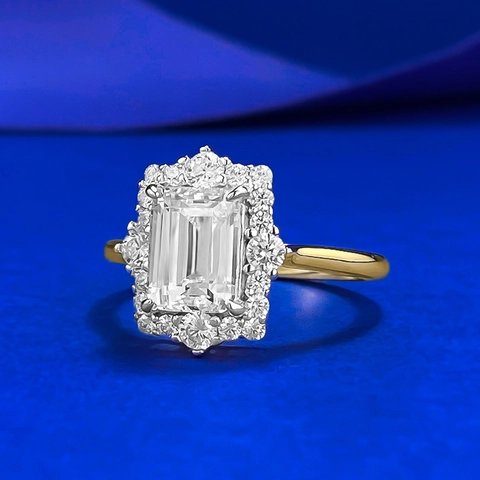 Anello Halo in Argento Sterling 925 Vintage con Taglio Smeraldo e Strass Placcato Oro Gioielli Geometrici Rettangolari da Donna